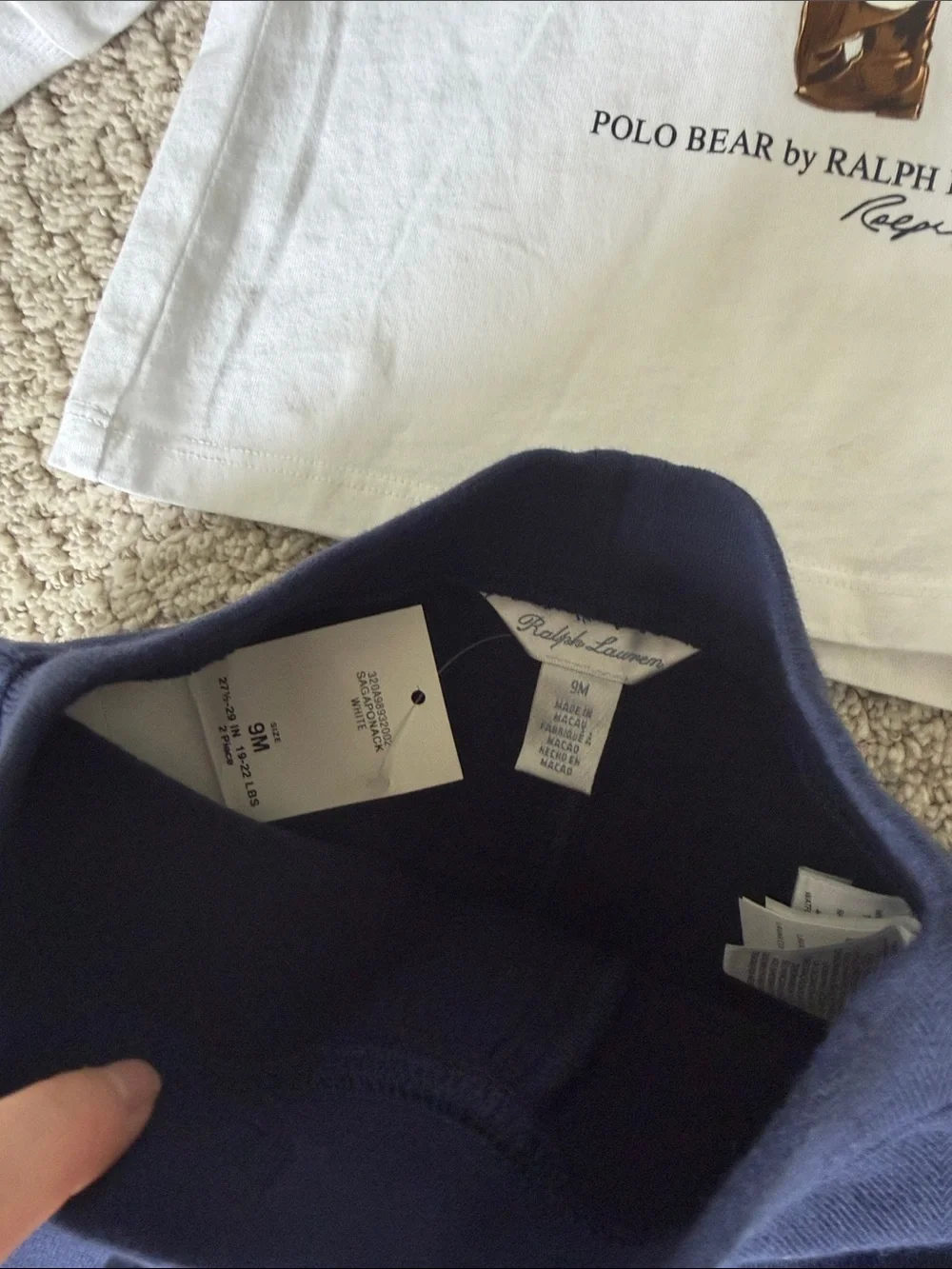 Baby NWT Ralph Lauren White Polo Bear Tee & Navy Jogger Set. Size 9M